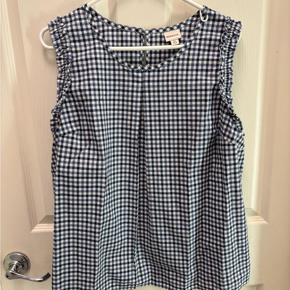 Merona Navy Gingham Ruffle Sleeve Blouse